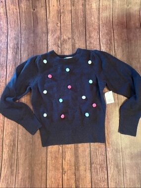 NWT Daily Thread Black Crewneck Sweater with Pink & Light Blue Pom Detail